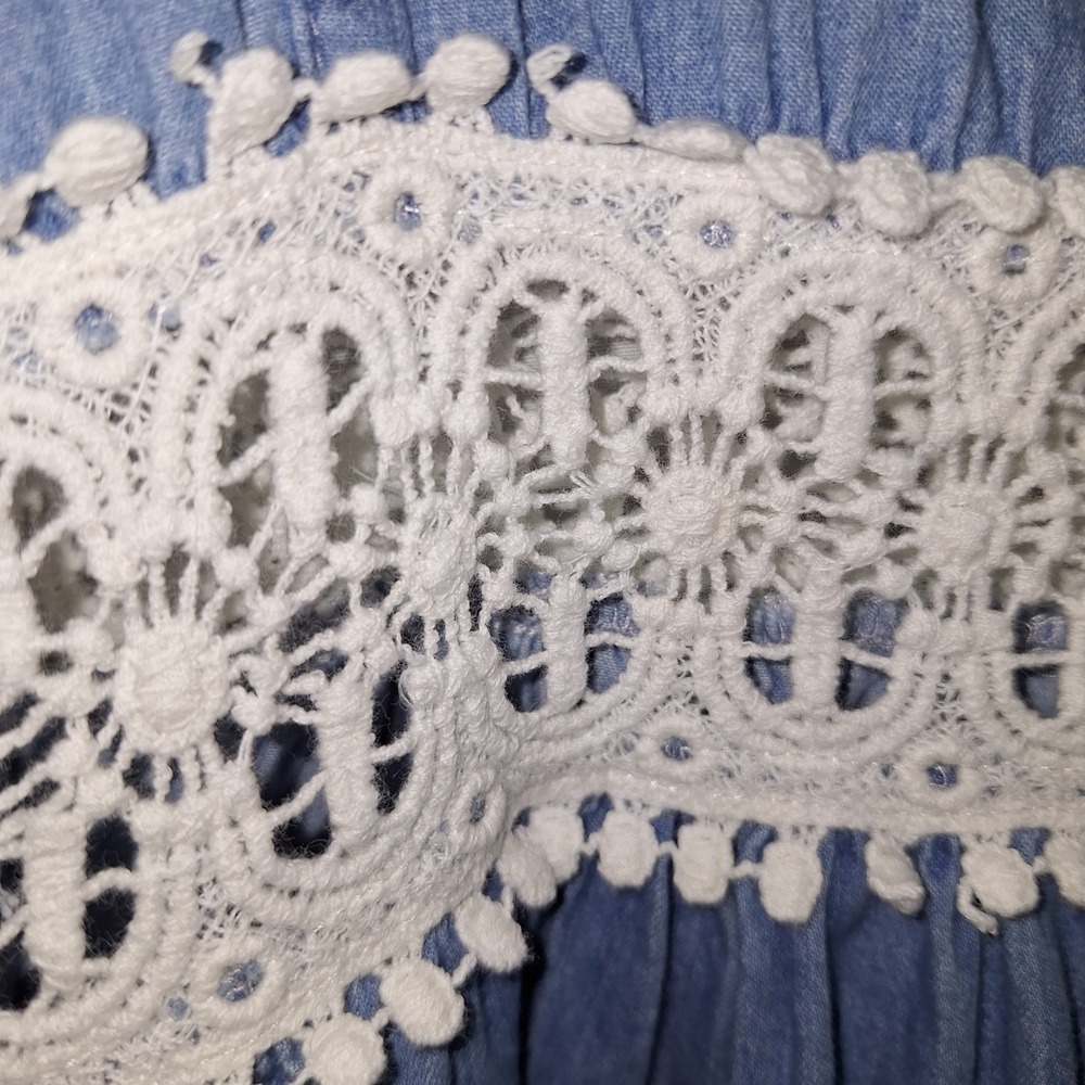 Cottagecore Dress 100% Cotton Sleeveless Prairie Denim Crochet Lace Pockets M - Picture 12 of 12